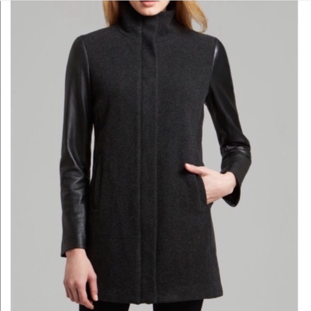 Eileen Fisher Gray Wool Black Leather Trim Coat